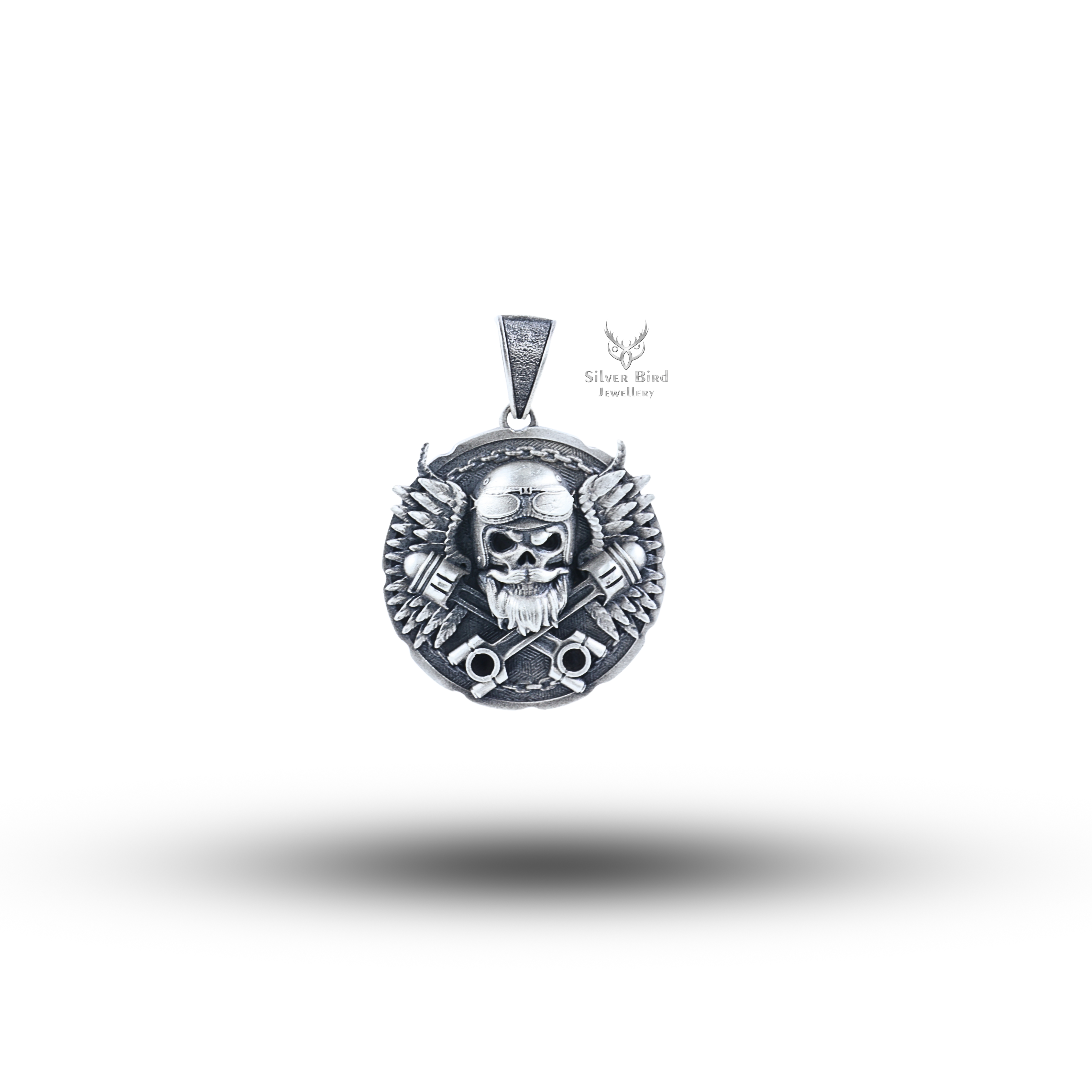 Biker Skull Engine Piston Charm 925 Sterling Silver Pendant