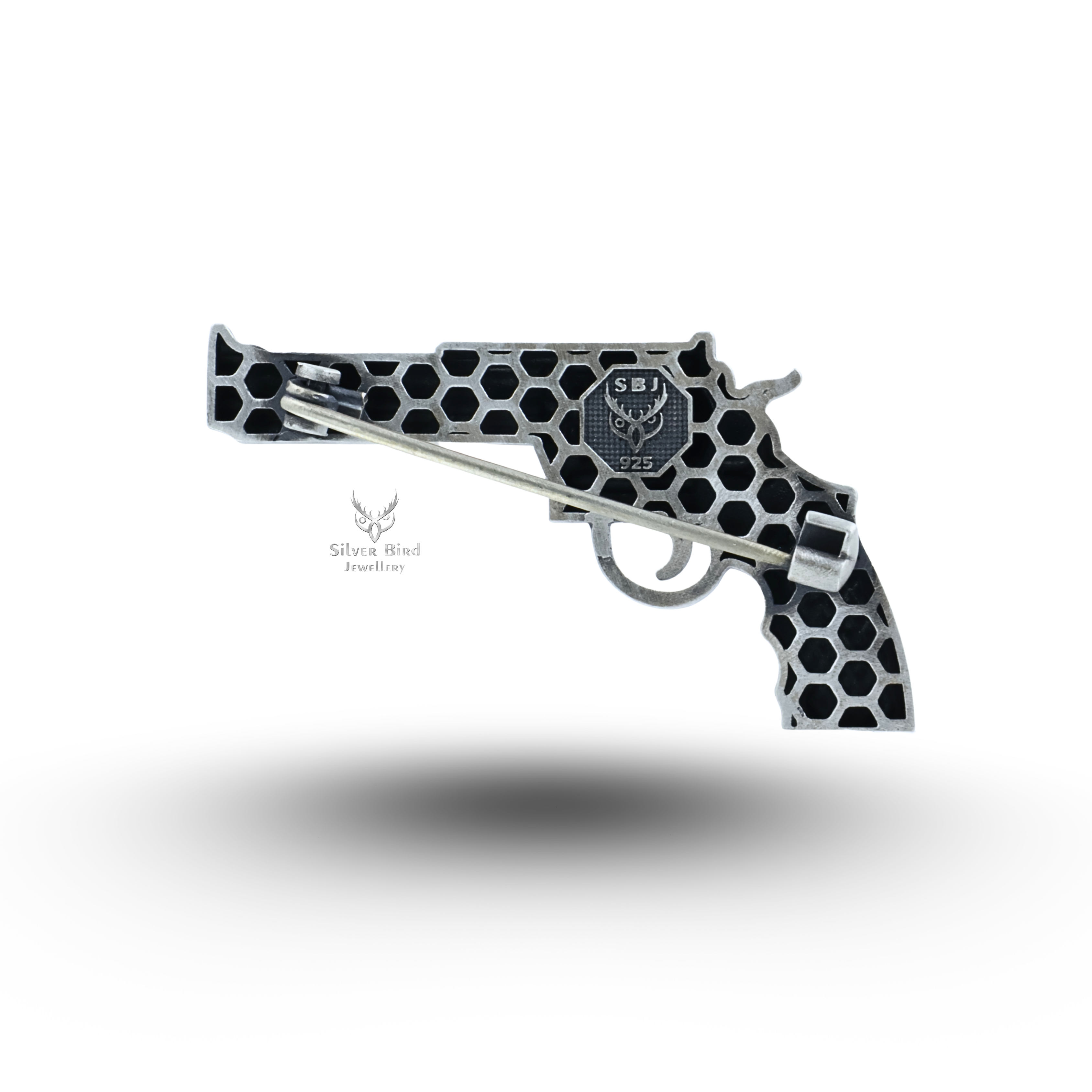 Midnight Gun Pistol Revolver 925 Sterling Silver Brooch
