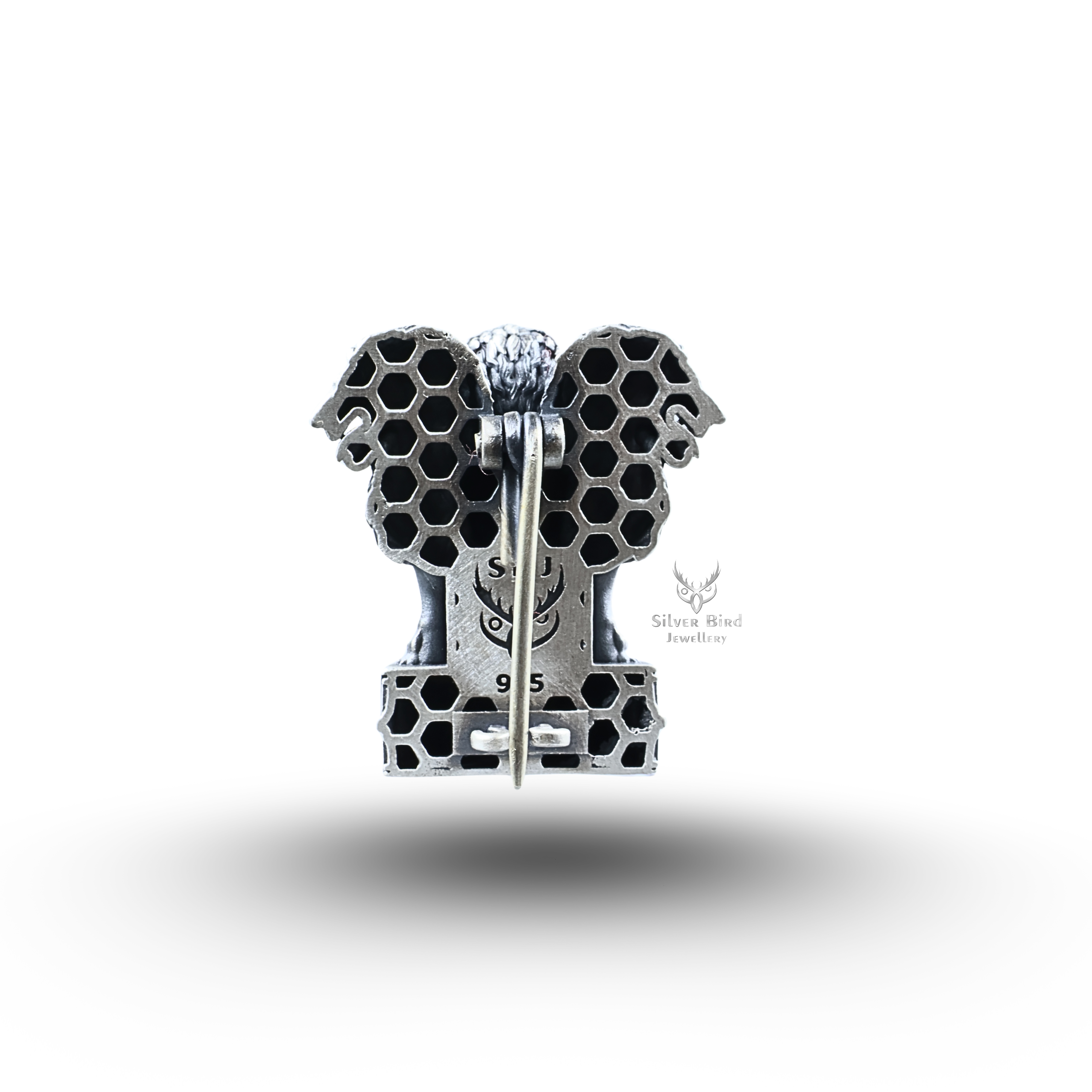 National Emblem Ashok Stambh Lion 925 Sterling Silver Brooch Pin